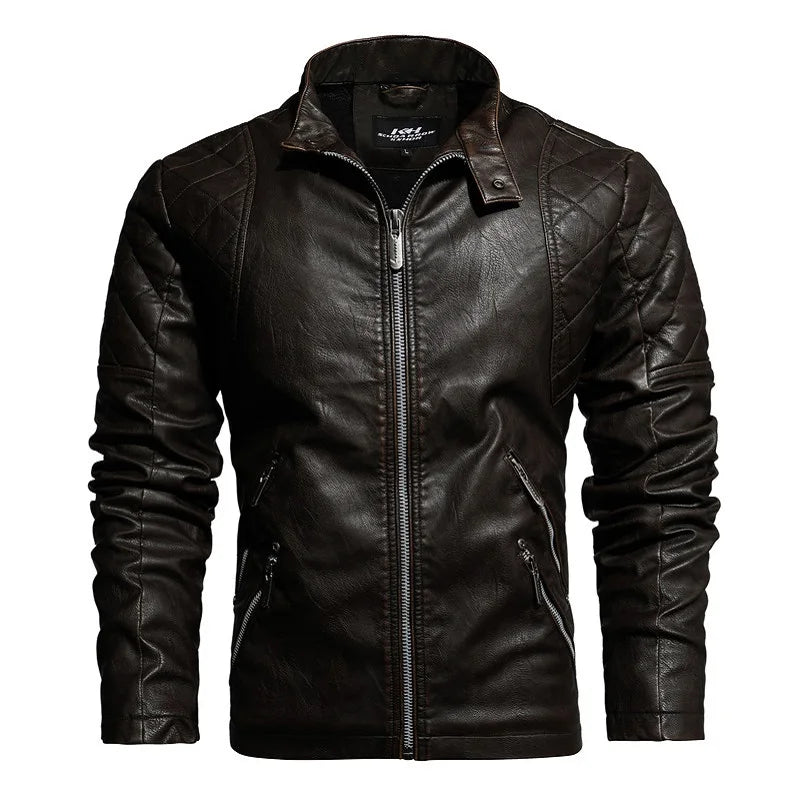 Men's Leather Motorcycle Casual Fleece Biker Jacket