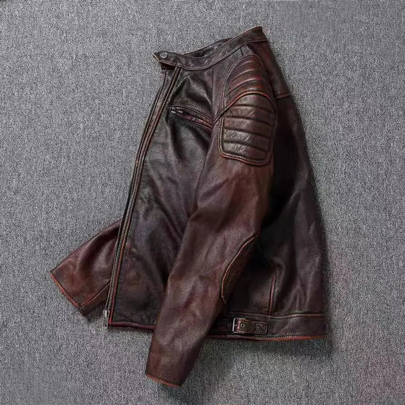 Genuine Cowhide Ripple Leather Motorcycle Jacket