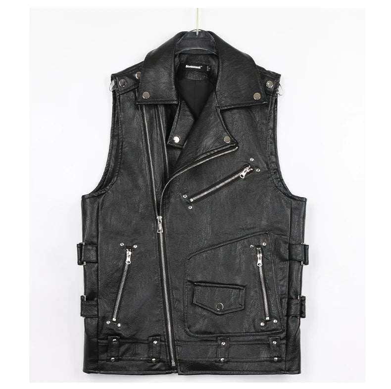 Racing Black Leather Motorcycle Vest with Zipper Pockets