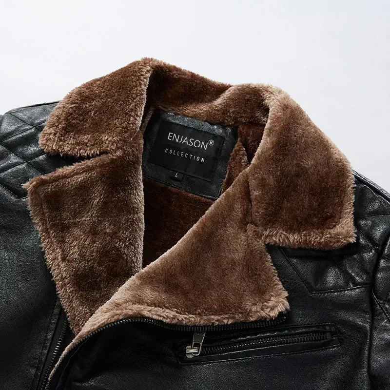 Men's Winter Leather Motorcycle Jacket with Fur Collar