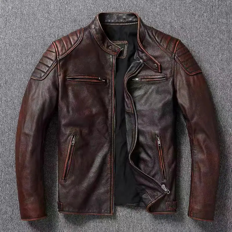 Genuine Cowhide Ripple Leather Motorcycle Jacket