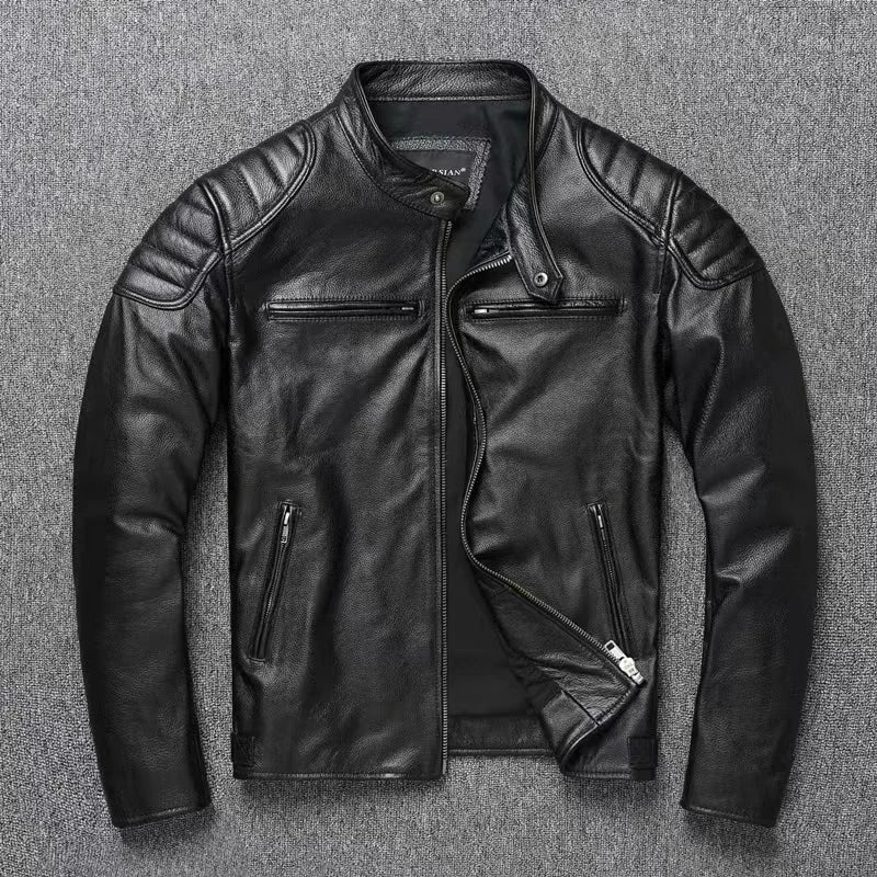 Genuine Cowhide Ripple Leather Motorcycle Jacket