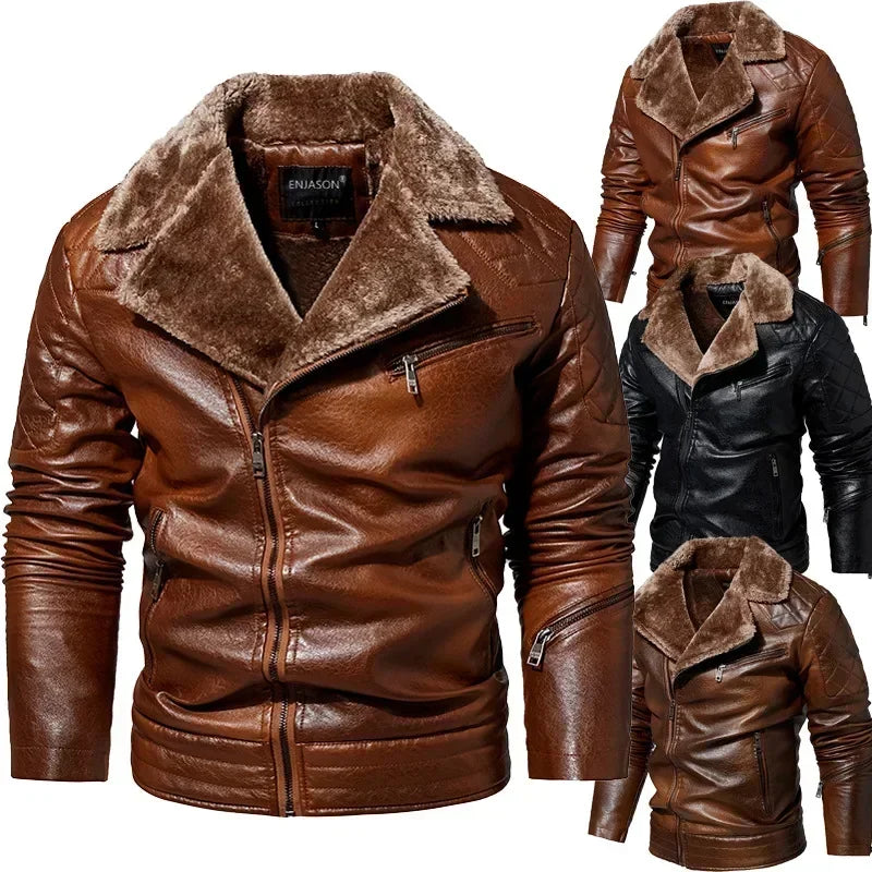 Men's Winter Leather Motorcycle Jacket with Fur Collar