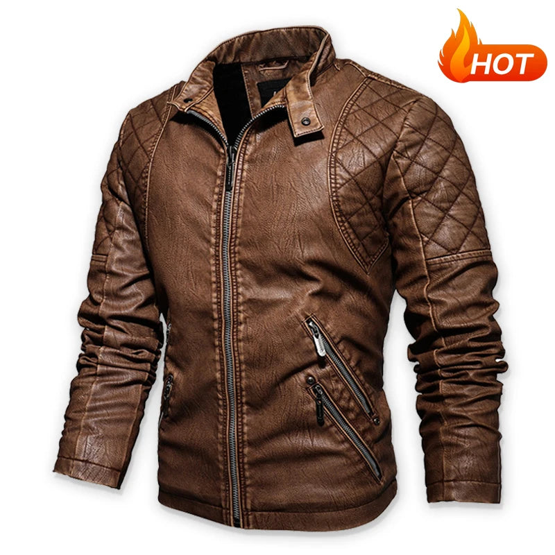 Men's Leather Motorcycle Casual Fleece Biker Jacket