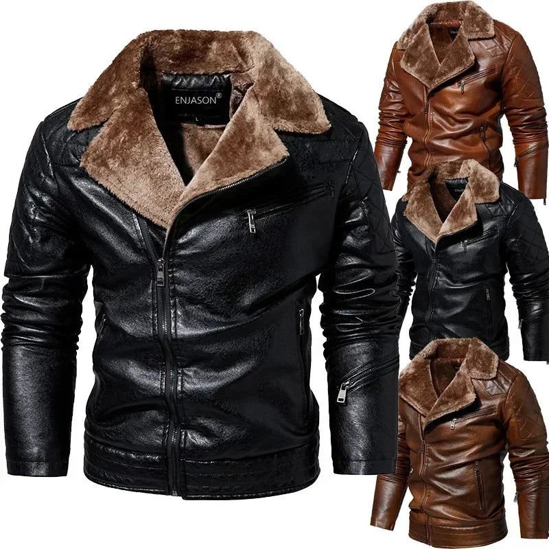 Men's Winter Leather Motorcycle Jacket with Fur Collar