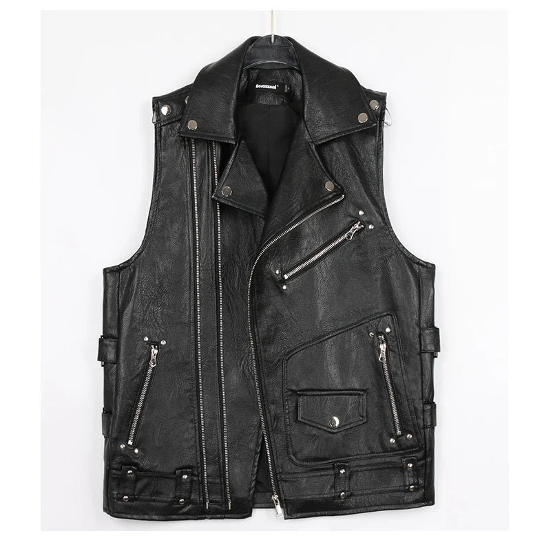 Racing Black Leather Motorcycle Vest with Zipper Pockets