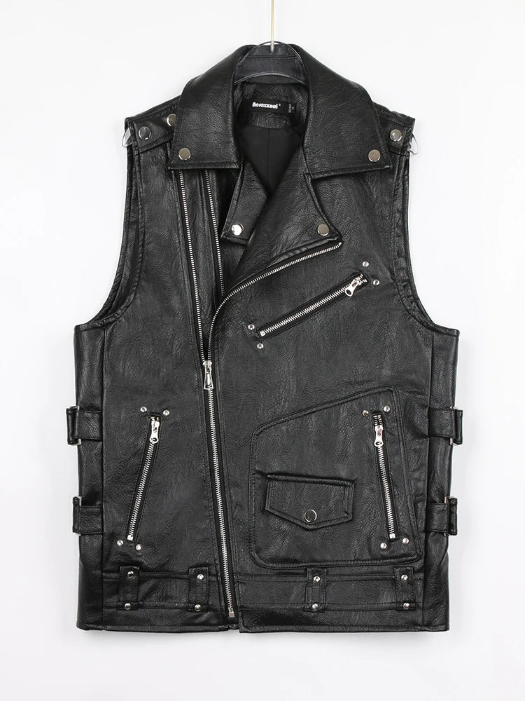 Racing Black Leather Motorcycle Vest with Zipper Pockets